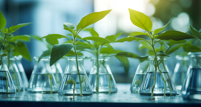 Des plantes dans des éprouvettes en verre dans un laboratoire. Des plantes dans des éprouvettes en verre dans un laboratoire.