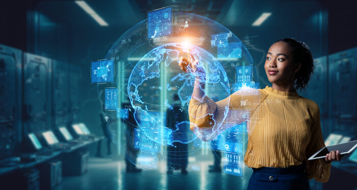 Young black woman in lab and global communication network concept. Wide angle visual for banners or advertisements. Young black woman in lab and global communication network concept. Wide angle visual for banners or advertisements.