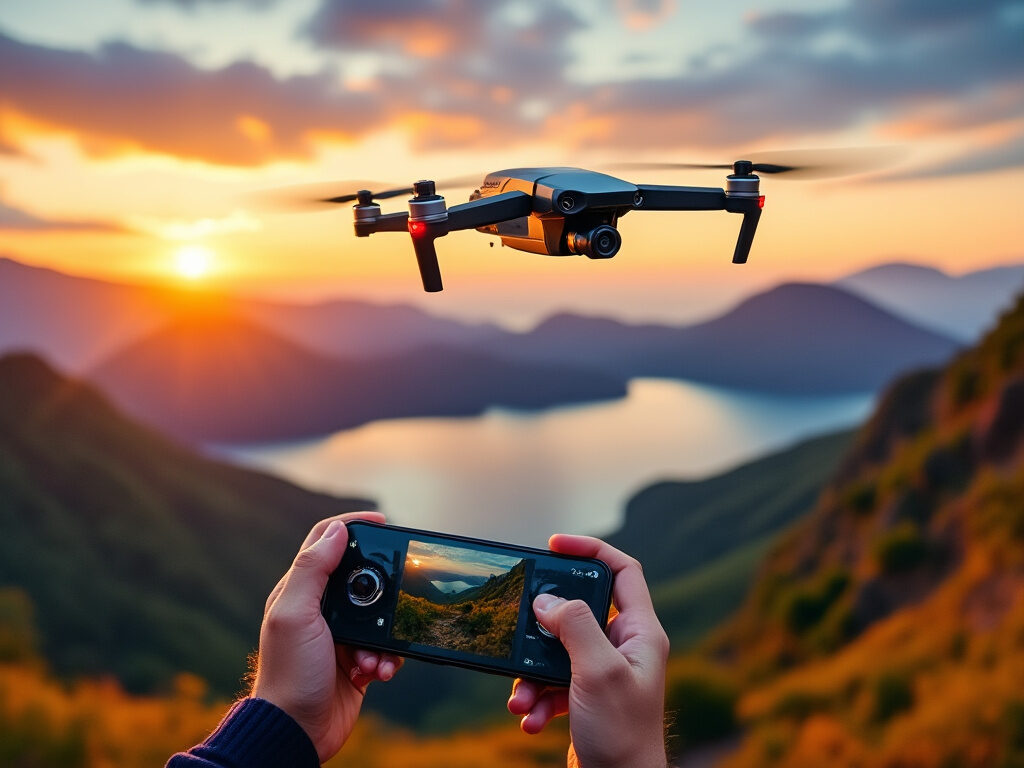 recreational-drone-soaring-above-a-scenic-landscape Realistic photo of a recreational drone soaring above a scenic landscape during sunset, capturing breathtaking aerial views of Lake Atitlan in Guatemala. The drone is being controlled by a person with a smartphone, showcasing the ease and enjoyment of flying for recreational purposes.