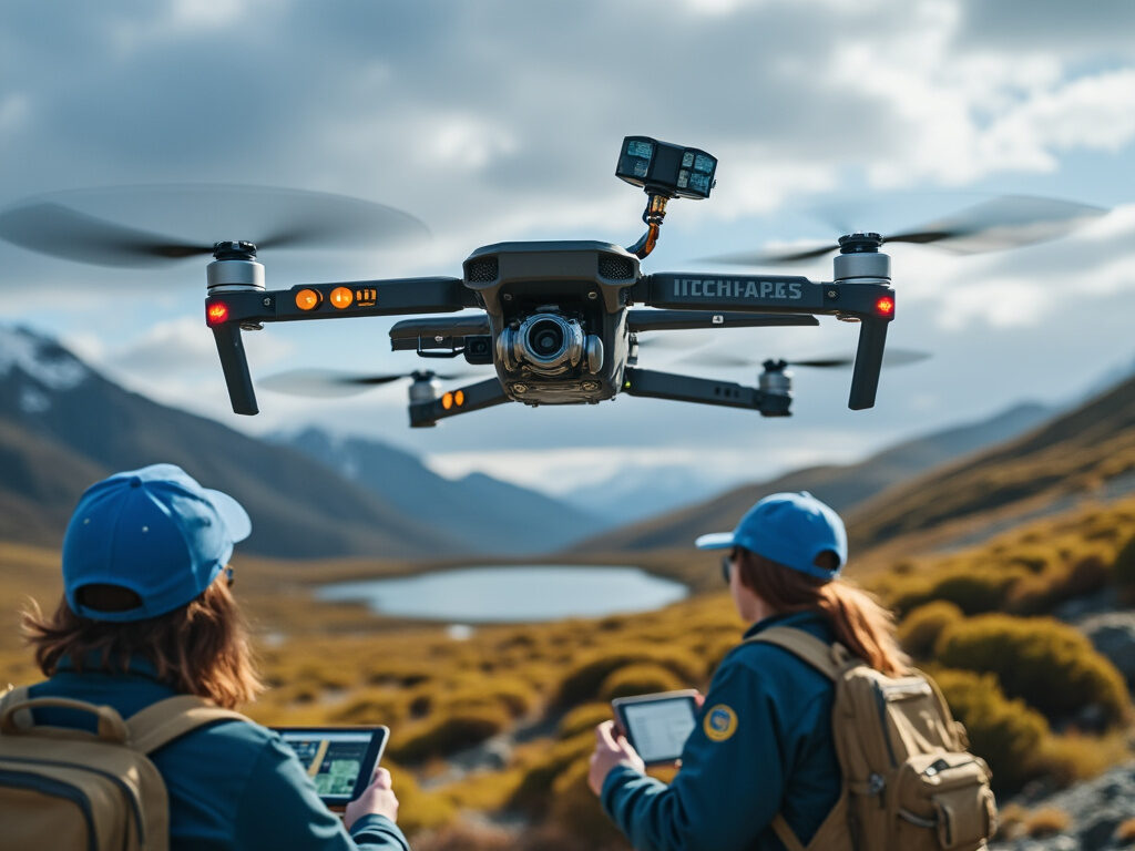research-drone-flying-over-a-remote-site Realistic photo of a research drone equipped with high-tech sensors flying over a remote scientific research site, capturing detailed environmental data. The research team observing the data collection on portable devices.